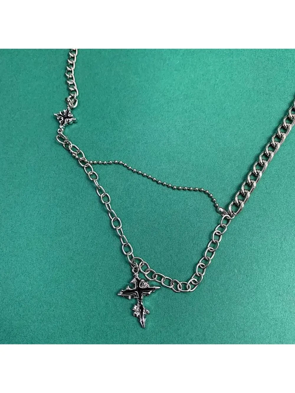 Cyber Y2k 2000s punk grunge crystal cross pendant necklace chain. 21.5 inches